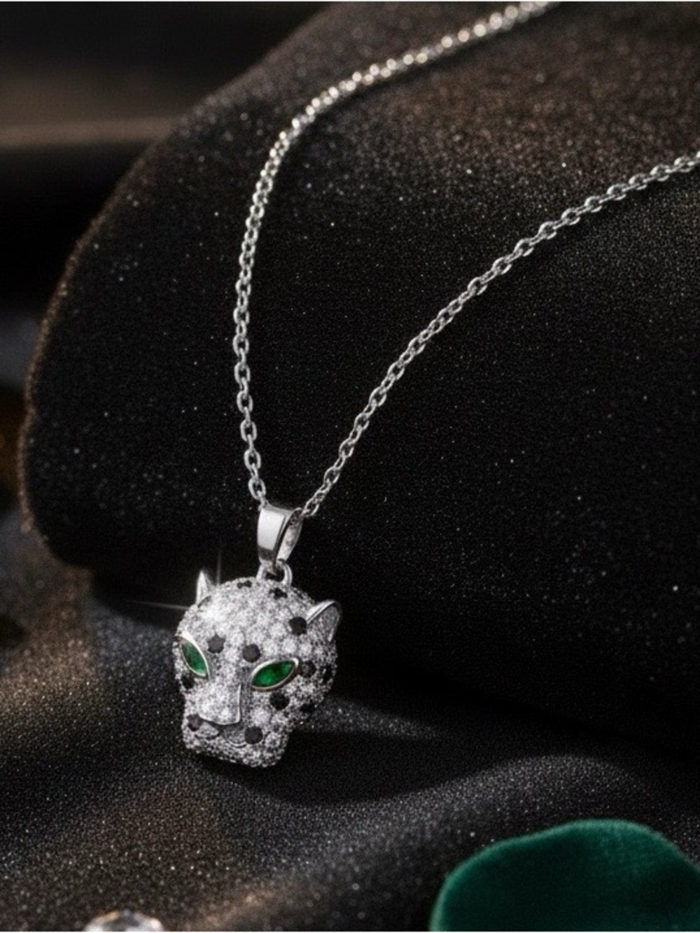 Luxe Iced Out Panther Head Necklace Emerald Green Eyes Designer Inspired Glam